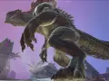 Gigantesco reptil con escamas verdes y moradas, con garras afiladas, en un paisaje alienígena. ¡Descubre los trucos de Ark para dominarlo!