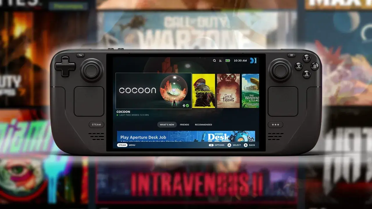 La consola portátil Steam Deck 2 muestra la interfaz de juegos, con "Cocoon" destacado.