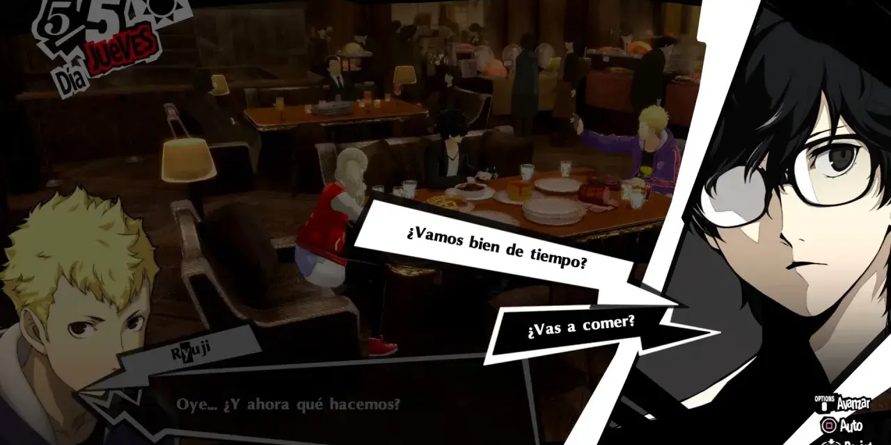 Ryuji y Ann discuten en Persona 5 Royal. El protagonista, Joker, observa. Un día de Jueves.