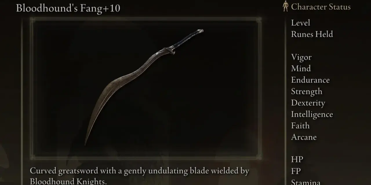 La mejor arma Elden Ring: Colmillo de Bloodhound +10, una gran espada curva con hoja ondulante.