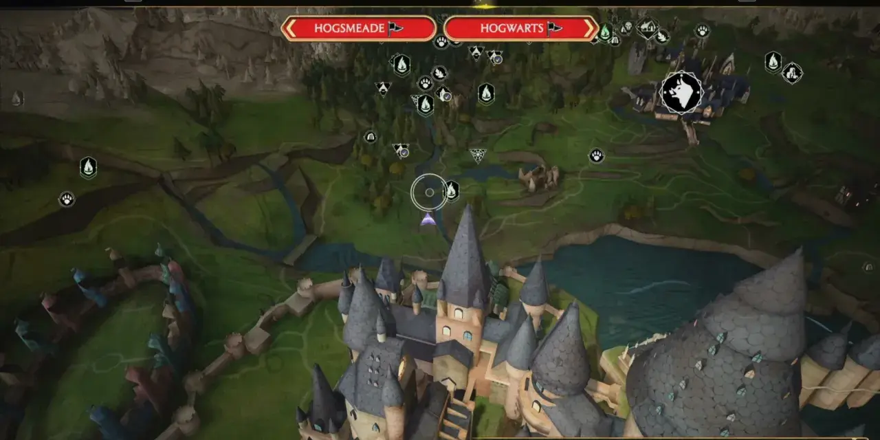 Mapa de Hogwarts Legacy, con Hogsmeade y Hogwarts visibles. El fantasma de nuestro amor hogwarts legacy nos guía por el mapa.