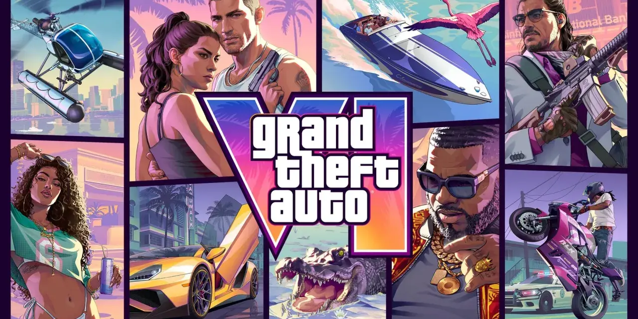El arte promocional de GTA 6 PC muestra un helicóptero, una pareja, un coche deportivo, un cocodrilo, un hombre con un rifle, un hombre con cadenas y una moto haciendo un caballito.