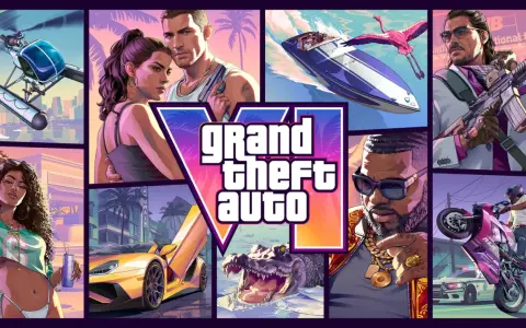 El arte promocional de GTA 6 PC muestra un helicóptero, una pareja, un coche deportivo, un cocodrilo, un hombre con un rifle, un hombre con cadenas y una moto haciendo un caballito.