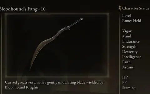 Fang de Bloodhound +10, una de las mejores armas de Elden Ring. Espada curva con hoja ondulante.