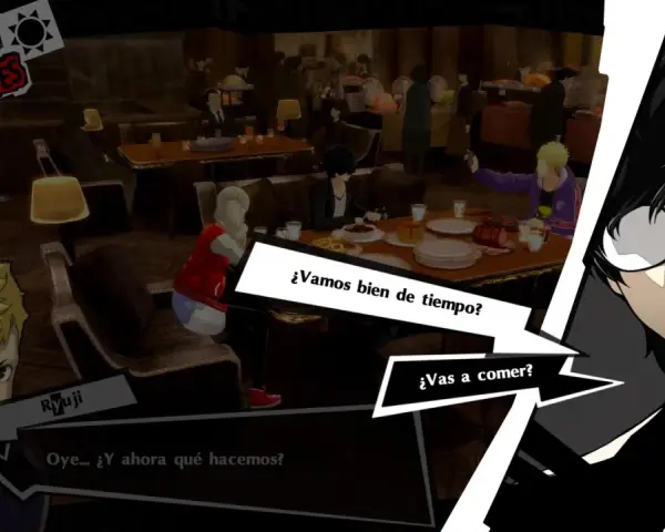 Ryuji y Ann discuten en Persona 5 Royal. El protagonista, Joker, observa. Un día de Jueves.