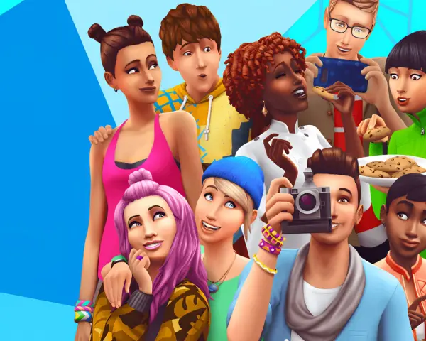 Grupo de Sims sonriendo y comiendo galletas, listos para usar comandos en Los Sims 4.
