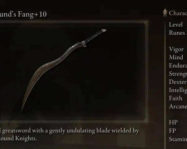 Fang de Bloodhound +10, una de las mejores armas de Elden Ring. Espada curva con hoja ondulante.