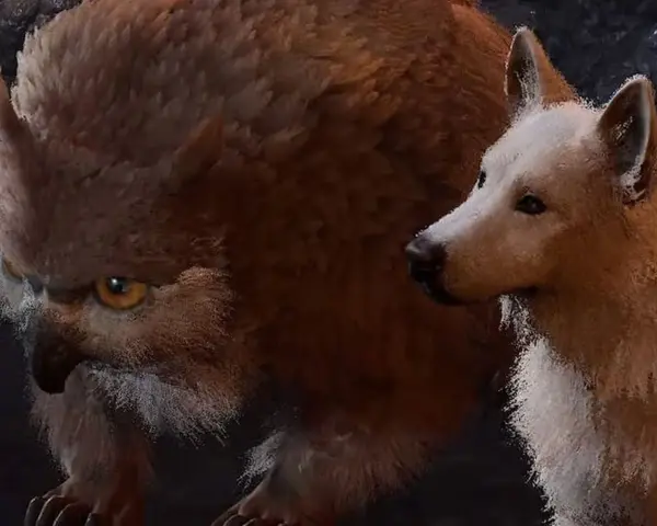 Un oso lechuza de BG3 con pelaje marrón y ojos amarillos intensos, junto a un lobo blanco y marrón.