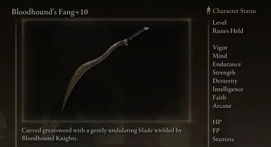 La mejor arma Elden Ring: Colmillo de Bloodhound +10, una gran espada curva con hoja ondulante.
