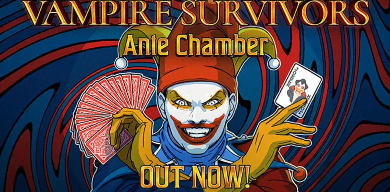 El payaso del juego Vampire Survivors para Xbox sostiene cartas, ¡disponible ahora!
