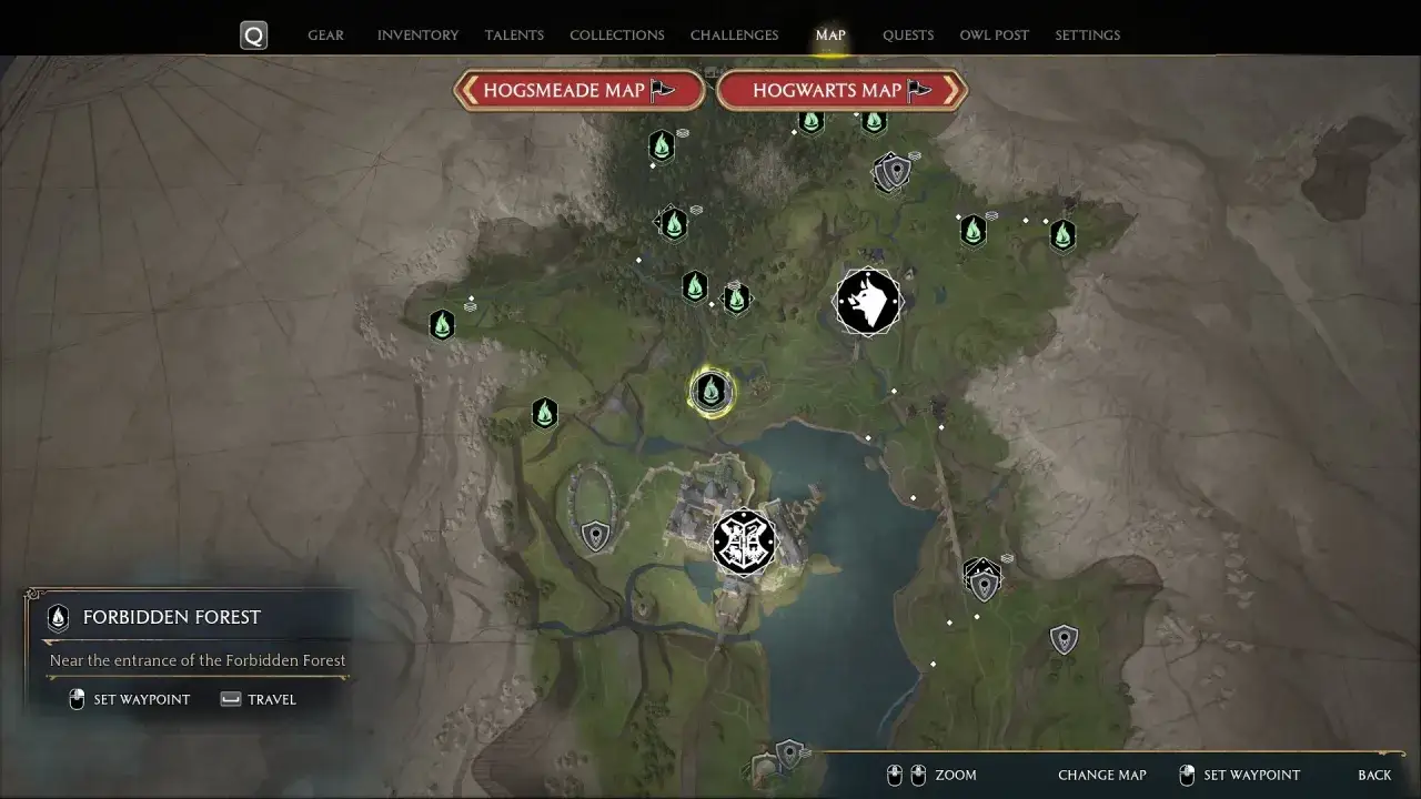 Mapa de Hogwarts Legacy. El fantasma de nuestro amor guía por el Bosque Prohibido, cerca de su entrada.