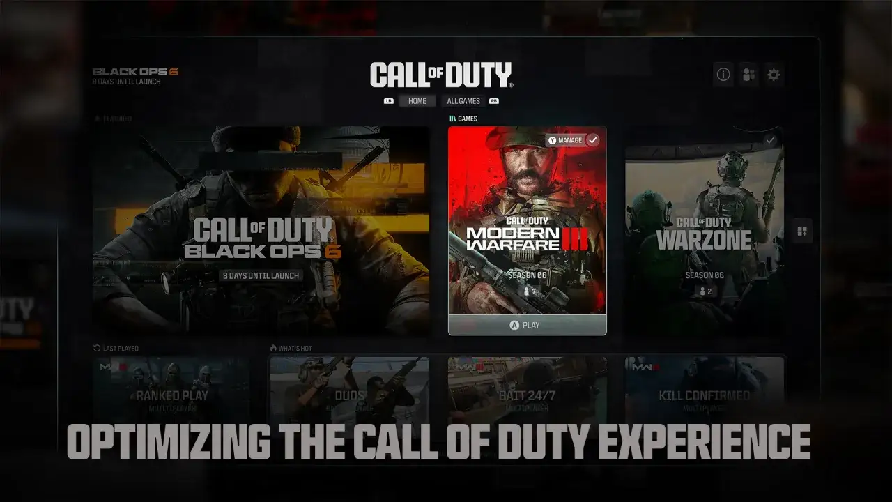 Pantalla de Call of Duty con Warzone destacado. ¿Cuánto pesa el Warzone? Aquí se ven las opciones de juego, incluyendo Modern Warfare III y Black Ops 6.