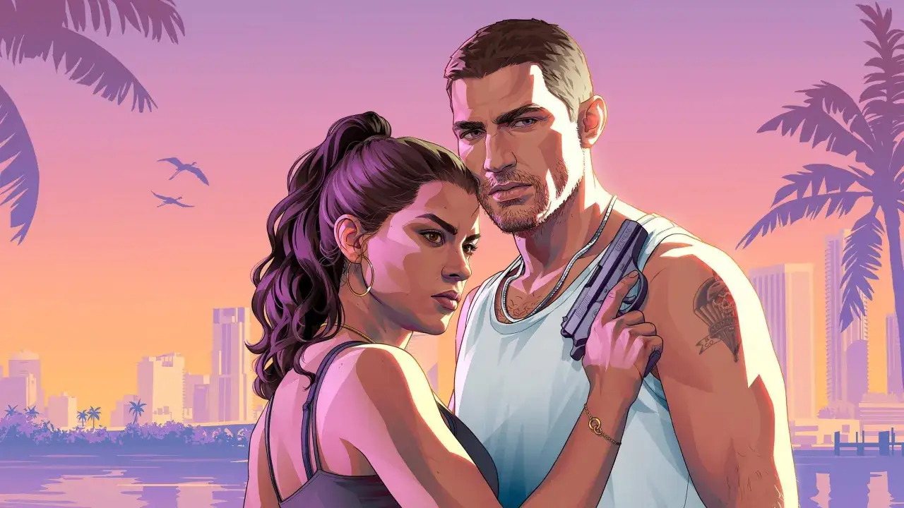 Pareja con arma en un atardecer tropical, anticipando las gta 6 noticias.