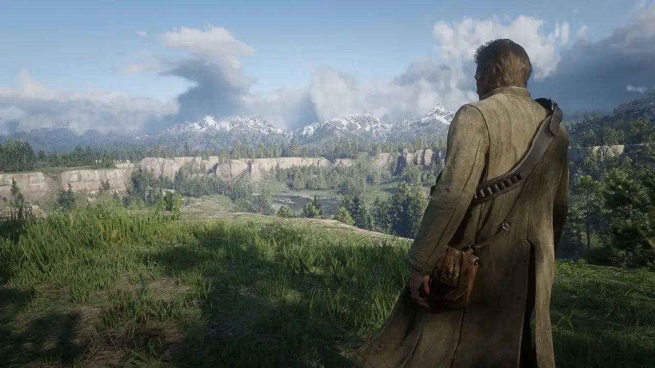 Un vaquero observa un vasto paisaje montañoso, un escenario perfecto para tu guía Red Dead Redemption 2.
