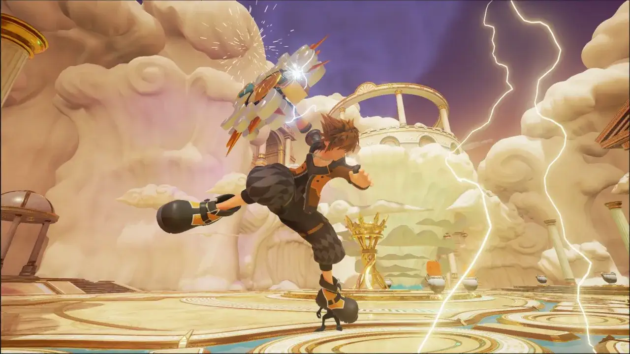 Sora salta en el aire, blandiendo su llave espada en esta escena de guía Kingdom Hearts 3. Rayos iluminan el cielo etéreo.