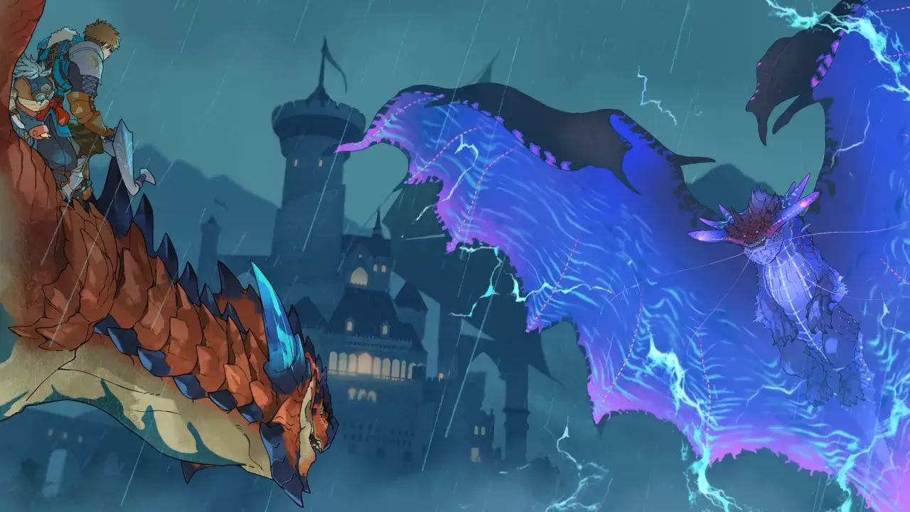 Un jinete y su Rathalos se enfrentan a un monstruo eléctrico en una noche de tormenta, evocando la acción de Monster Hunter Stories 3.