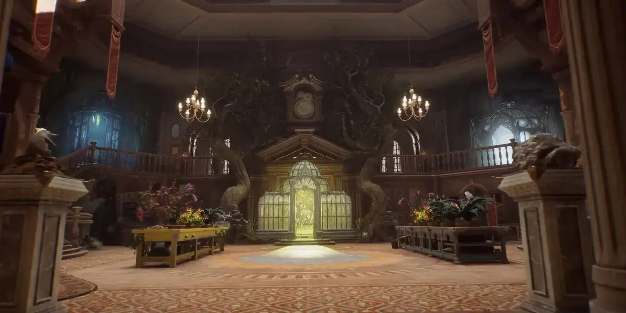 La sala de los menesteres Hogwarts Legacy es un espacio m&aacute;gico con &aacute;rboles, plantas y una c&uacute;pula de cristal.
