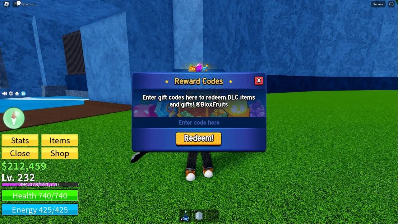 Ventana de c&oacute;digos de Blox Fruits para canjear &iacute;tems y regalos. &iexcl;Introduce aqu&iacute; tus c&oacute;digos!