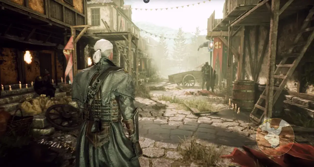 Geralt de Rivia, en el witcher remake, camina por un pueblo polvoriento. Antorchas iluminan el camino.