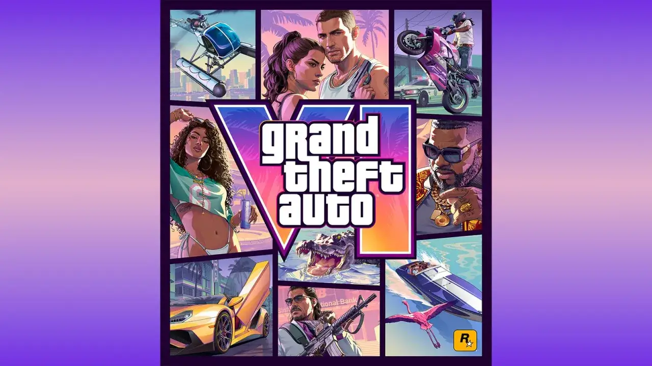 El arte de GTA VI muestra un helicóptero, una pareja, una moto, una mujer, un hombre con joyas, un coche deportivo, un cocodrilo, un hombre con rifle y un flamenco. ¡Aún no se sabe que día sale el GTA 6!