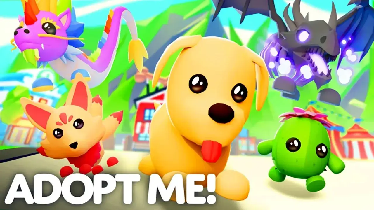 Personajes adorables de Adopt Me! con un perro amarillo, un zorro naranja, un dragón morado y un cactus verde. ¡Descubre los mejores adopt me codes!