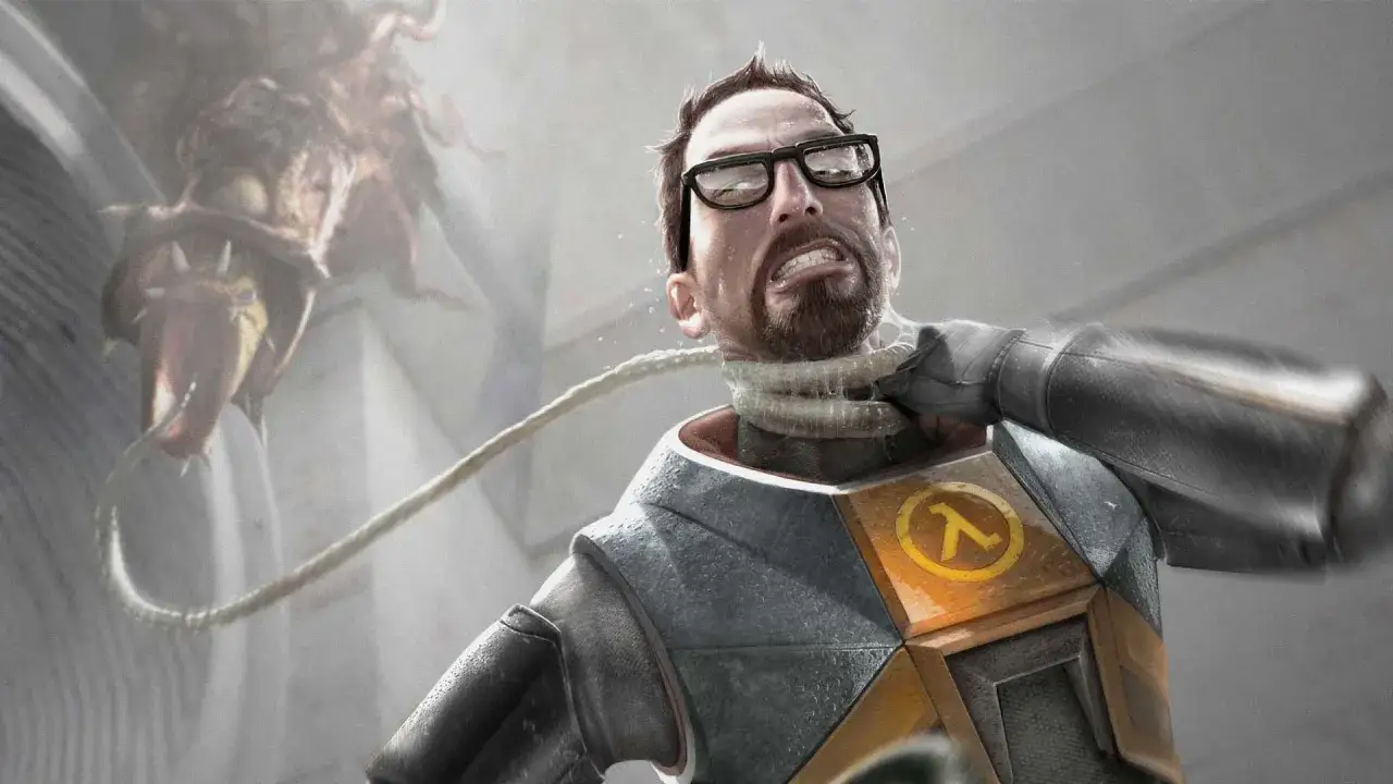 Gordon Freeman, con su icónico traje HEV, es atacado por una criatura. La tensión es palpable, como si esperáramos el Half-Life 3.