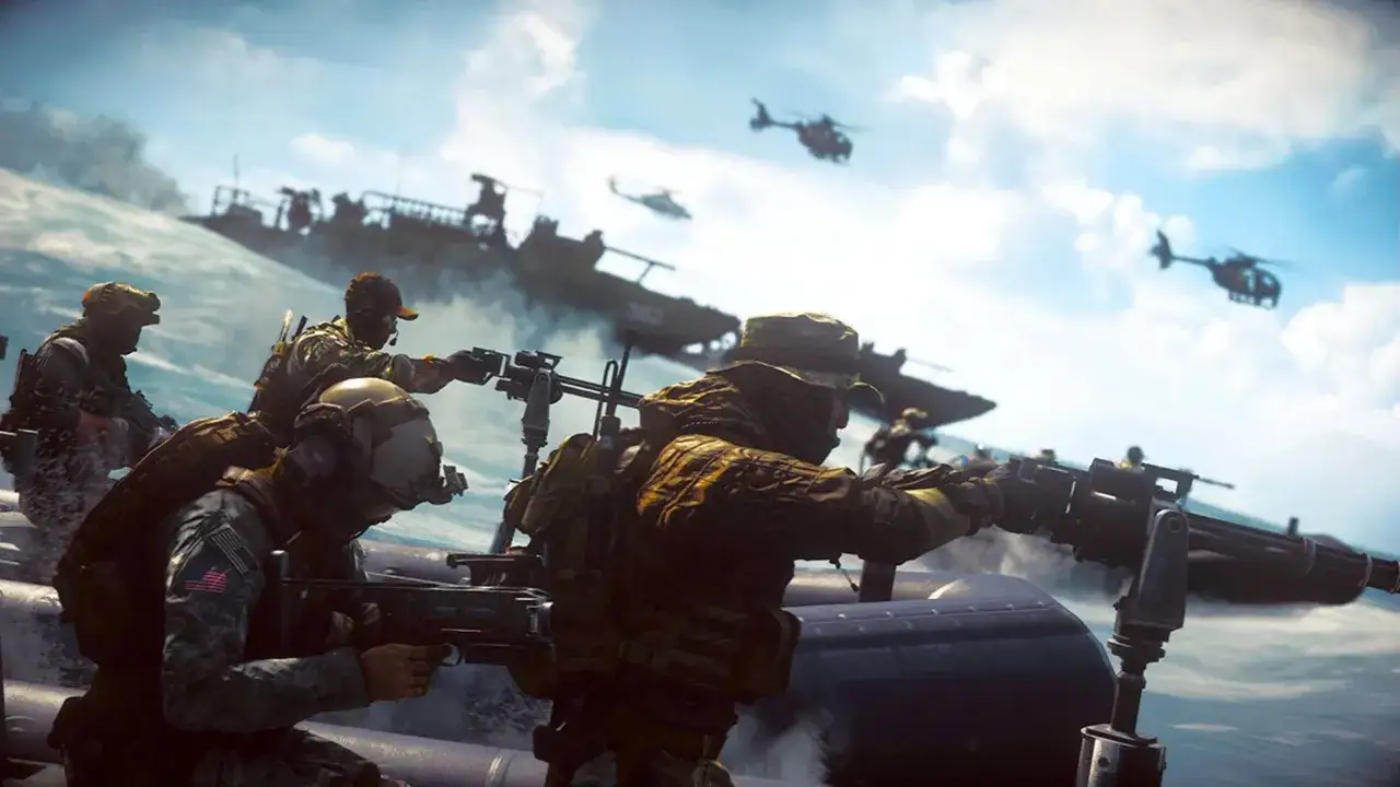 Soldados en lancha, listos para la acci&oacute;n en un nuevo battlefield. Helic&oacute;pteros y barcos de guerra en el horizonte.