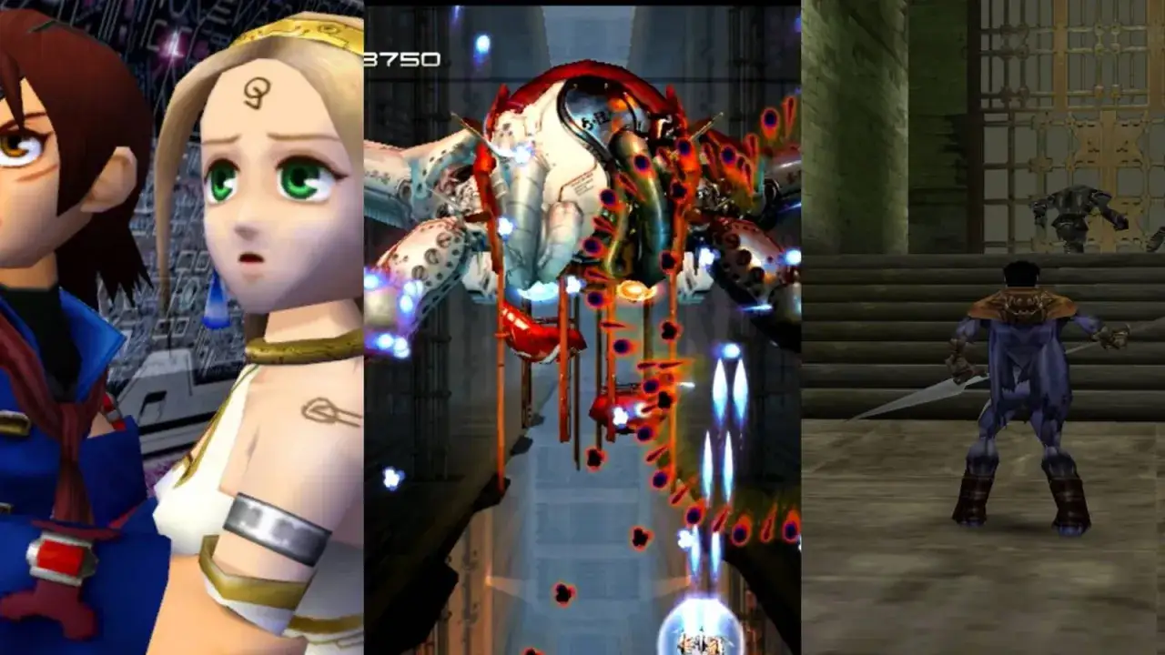 Personajes de anime, nave disparando a un jefe mecánico y guerrero con espada. Escenas de los mejores juegos Dreamcast.