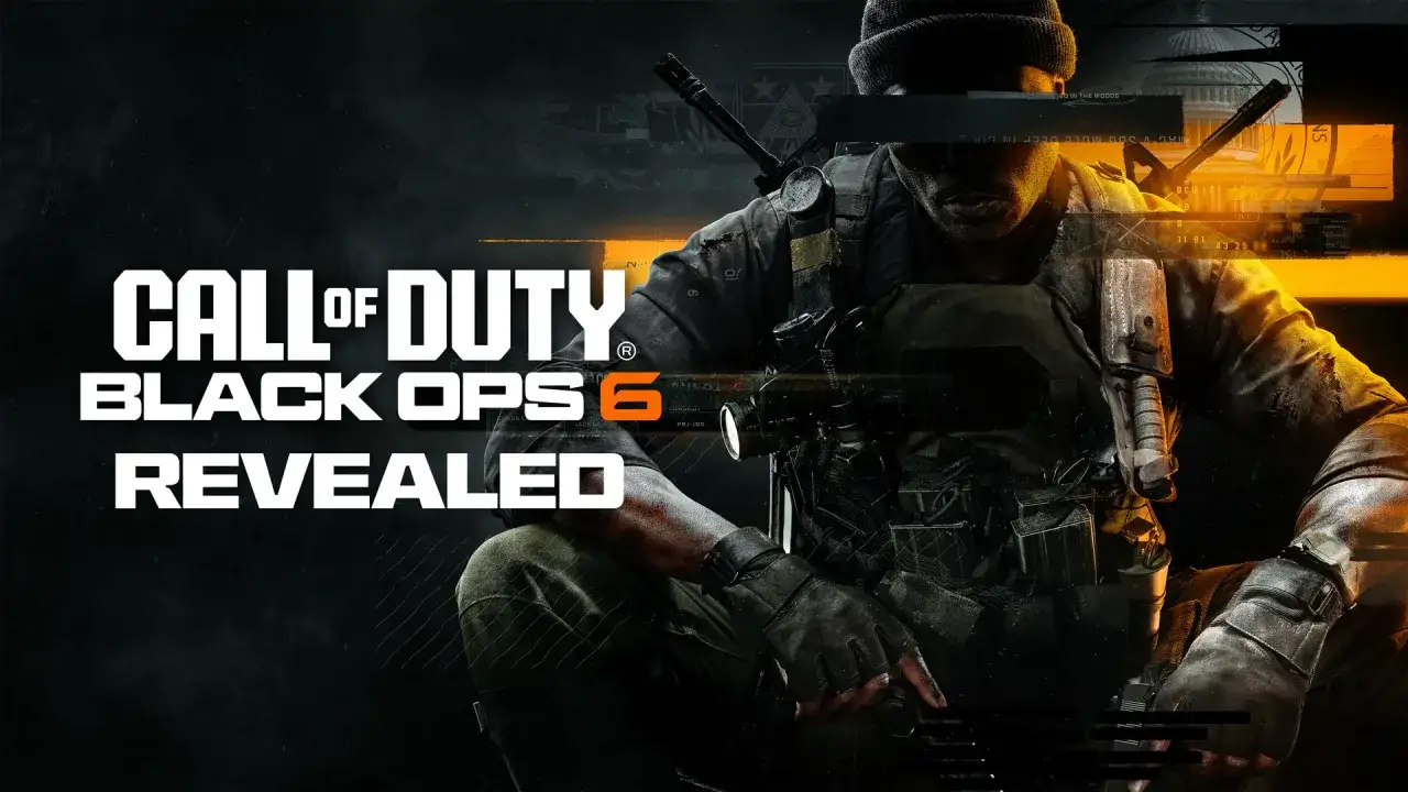 Un soldado se agacha, listo para la acci&oacute;n. El logo de Call of Duty Black Ops 6 Revelado ilumina la escena.