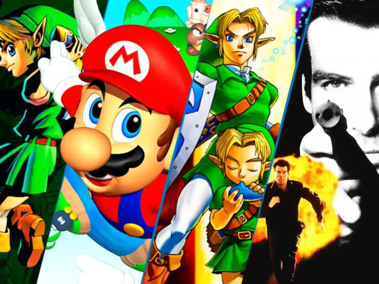 Mario, Link y Bond, iconos de los mejores juegos Nintendo 64, en un collage épico.