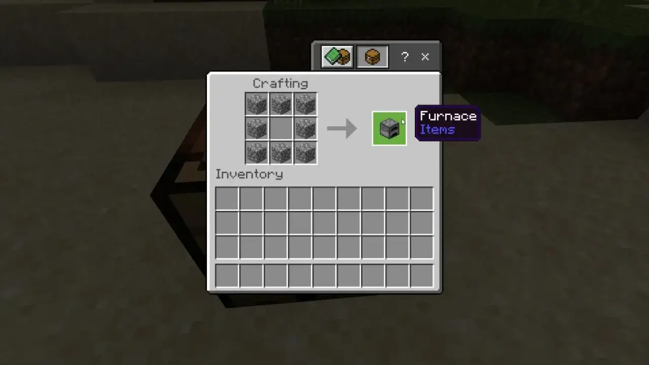 Creando un ahumador Minecraft con 8 bloques de adoquín en la mesa de crafteo.