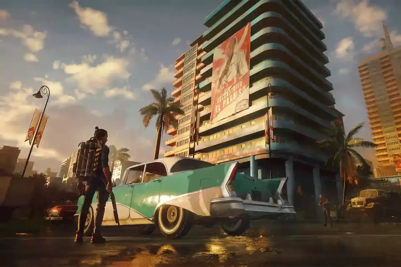 Una rebelde se prepara para la acción junto a un coche clásico, con un cartel de propaganda en un edificio. El ambiente evoca la lucha en Far Cry 7.