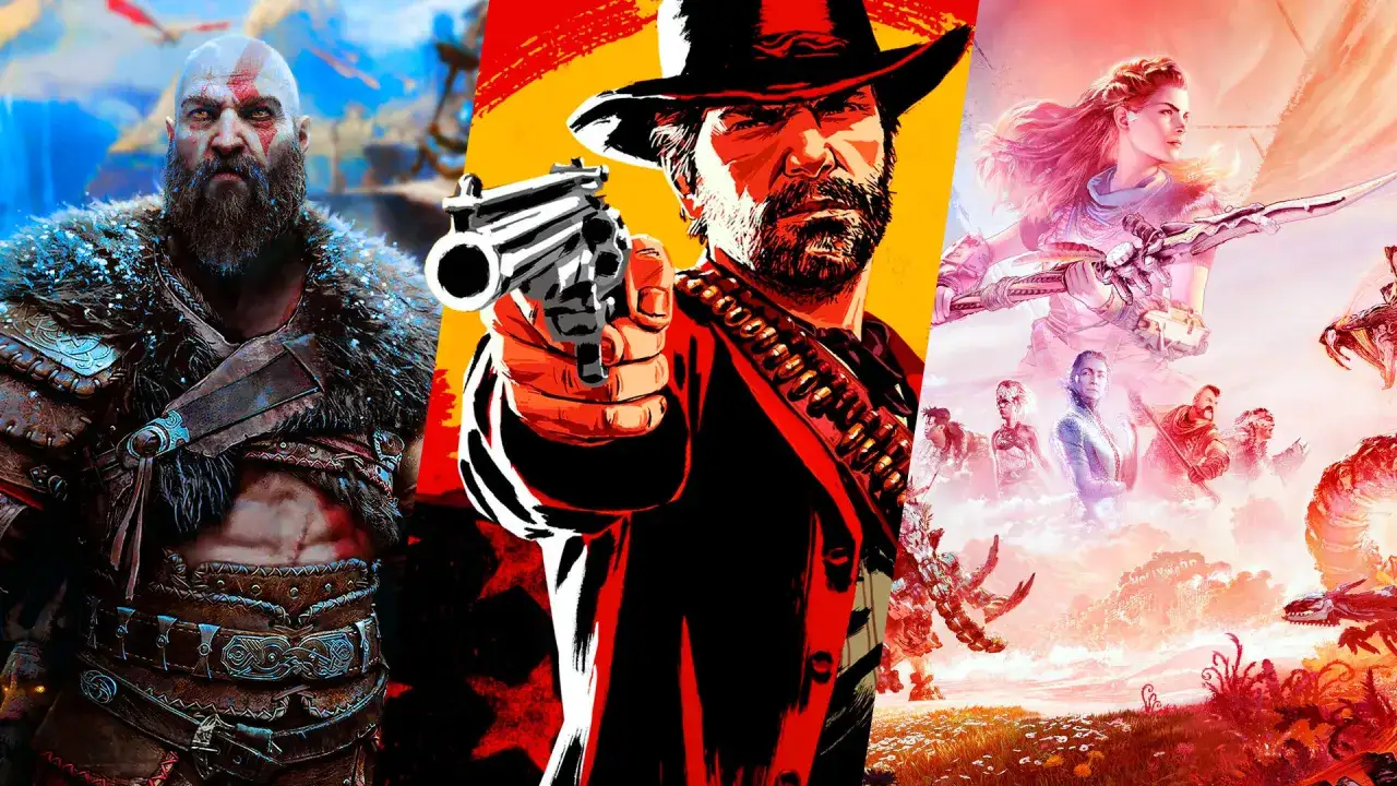 Kratos, un pistolero del oeste y Aloy de Horizon, en un collage de juegos con mejores gráficos.