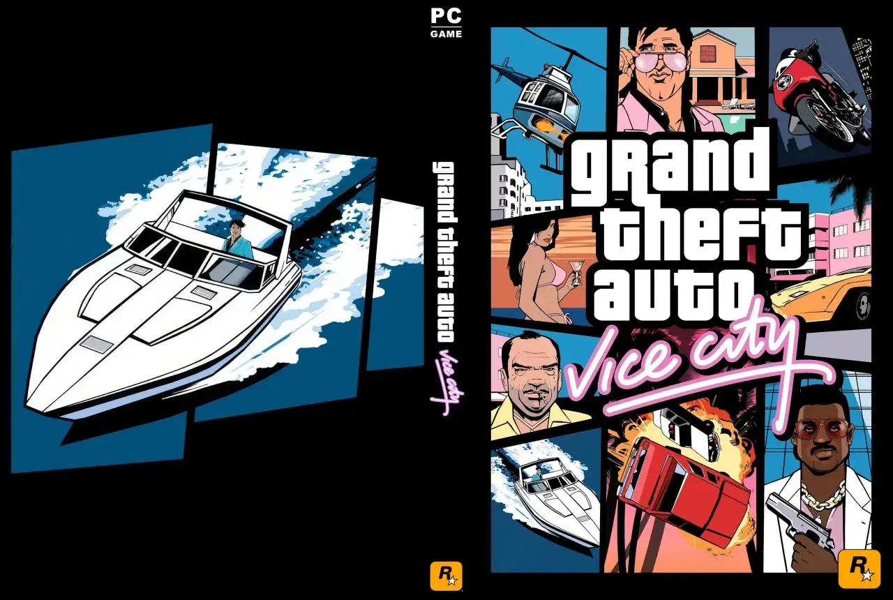 Portada GTA Vice City: un hombre en lancha rápida, un helicóptero, un hombre con gafas de sol, una mujer con bikini, una moto, un coche en llamas y un hombre con pistola.
