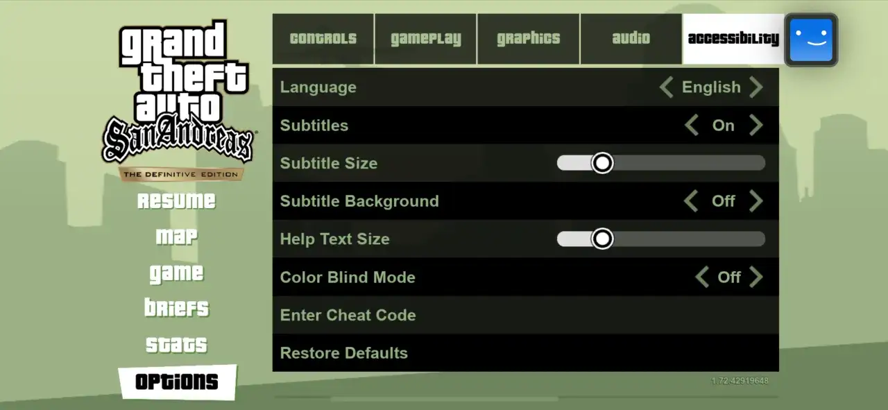 Menú de opciones de GTA San Andreas móvil. Ajustes de idioma, subtítulos y accesibilidad. ¡Descubre los trucos!