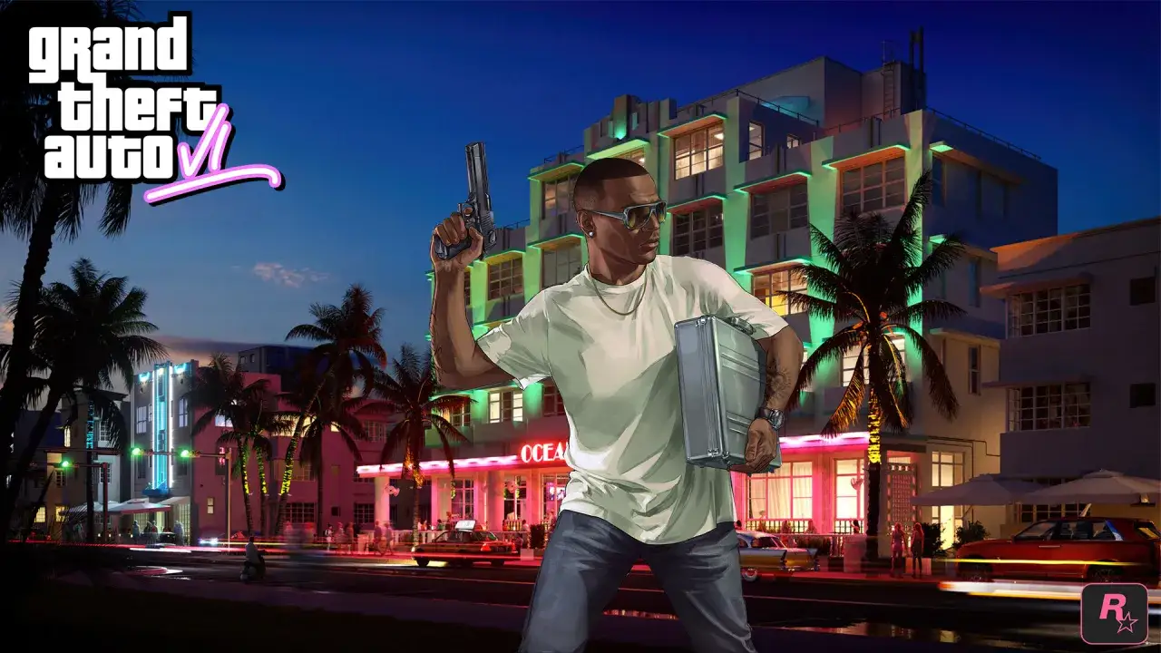 Un hombre con un maletín y un arma se para frente a un hotel de neón. ¡La aventura de GTA 6 PC te espera!