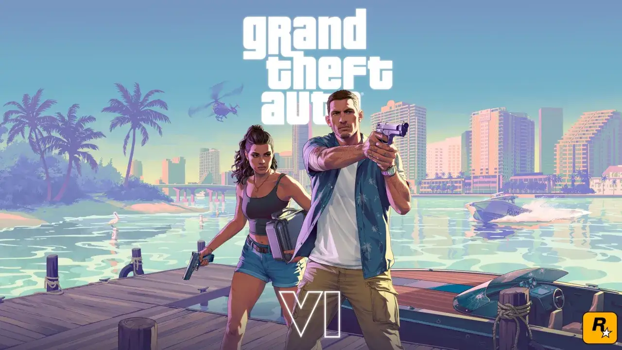 Dos personajes armados en un muelle, con la ciudad de fondo. La espera de GTA 6 se retrasa, pero la emoción sigue alta.