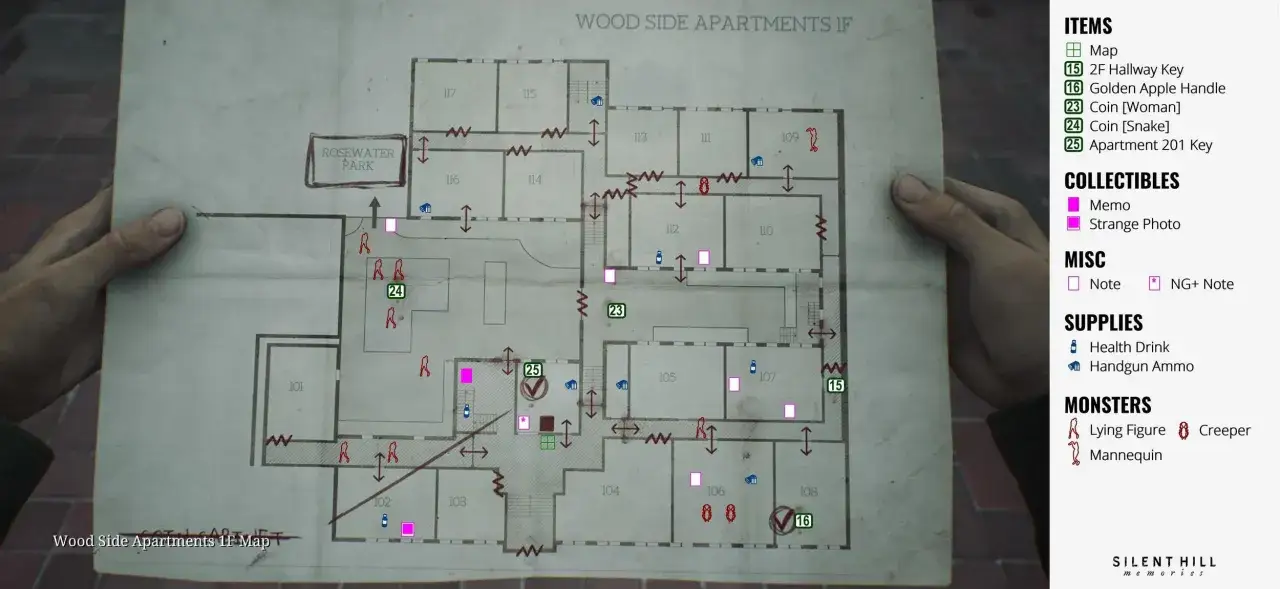 Mapa del primer piso de Wood Side Apartments, esencial para tu guía Silent Hill 2 Remake. Muestra objetos, coleccionables y enemigos.