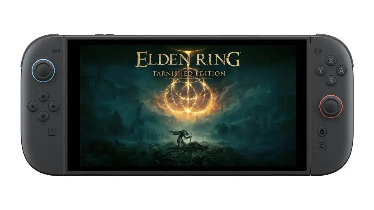 Consola portátil con el logo de Elden Ring Tarnished Edition. Una aventura épica de software esperando ser explorada.