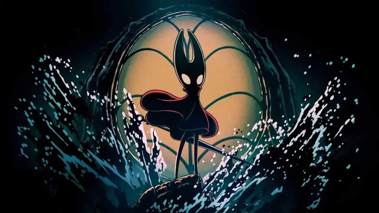 Hornet, con su capa roja y aguja, se alza sobre una roca rodeada de salpicaduras de agua. El fondo evoca la atmósfera de Silksong DLC.