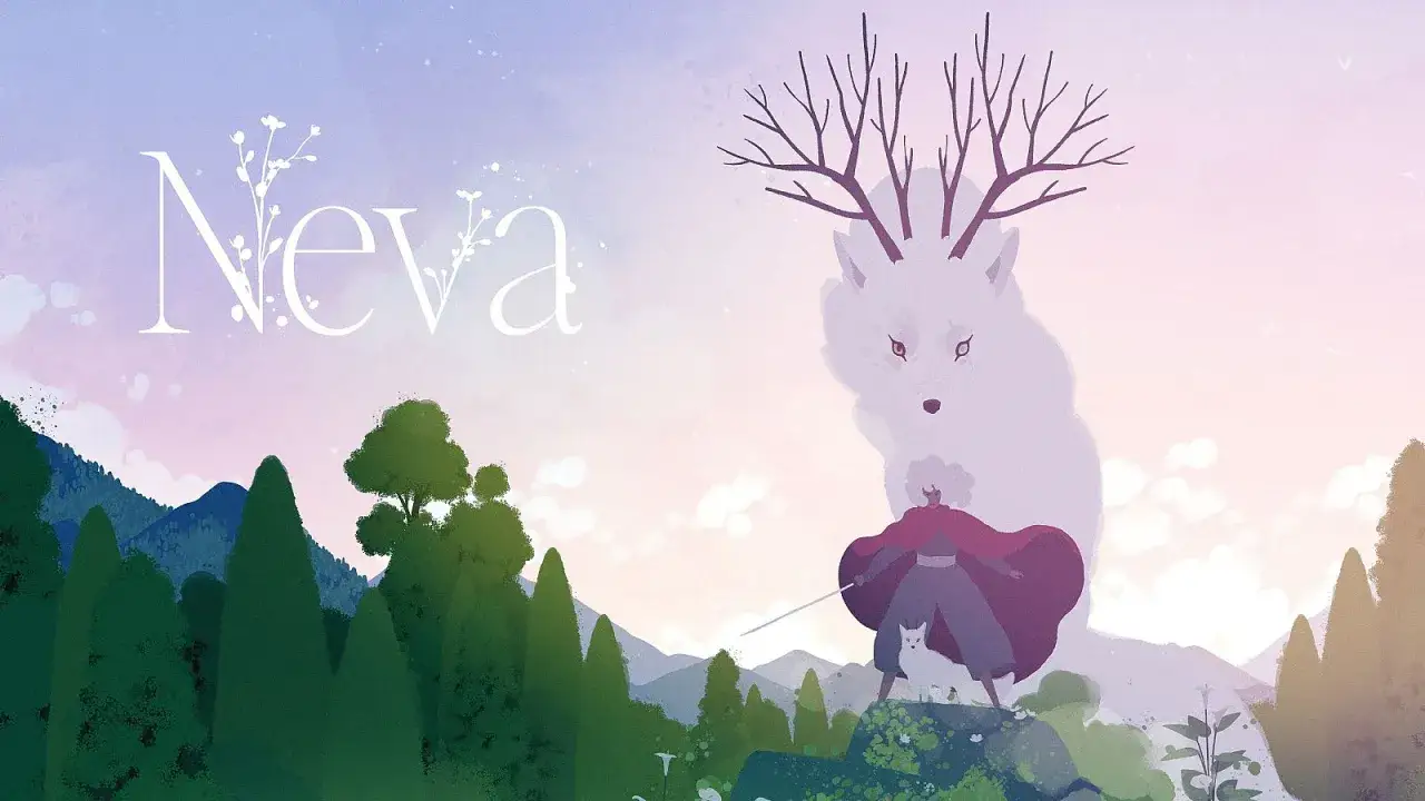 El juego Neva presenta a una joven con un lobo blanco, bajo la sombra de un espíritu de lobo gigante con astas.
