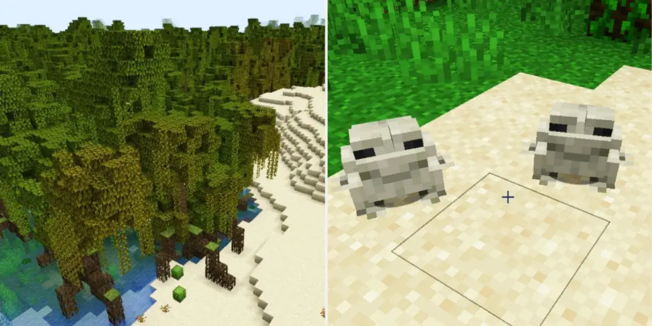 Un manglar de Minecraft con &aacute;rboles frondosos y dos ranas grises en la arena.