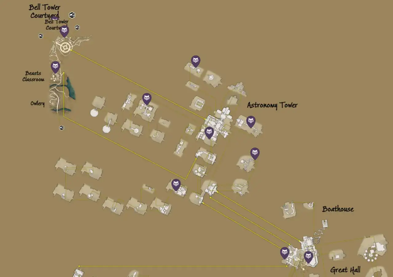 Mapa de Hogwarts con puntos de interés como el Patio de la Torre de Bell, el Aula de Criaturas y la Torre de Astronomía. ¡Quizás un Demiguise esté cerca!