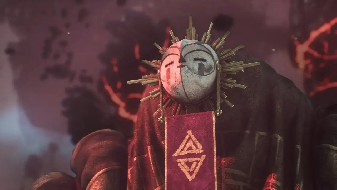 Figura con máscara de sol y túnica oscura, porta un estandarte con símbolos. Es la guía de la expedición 33.