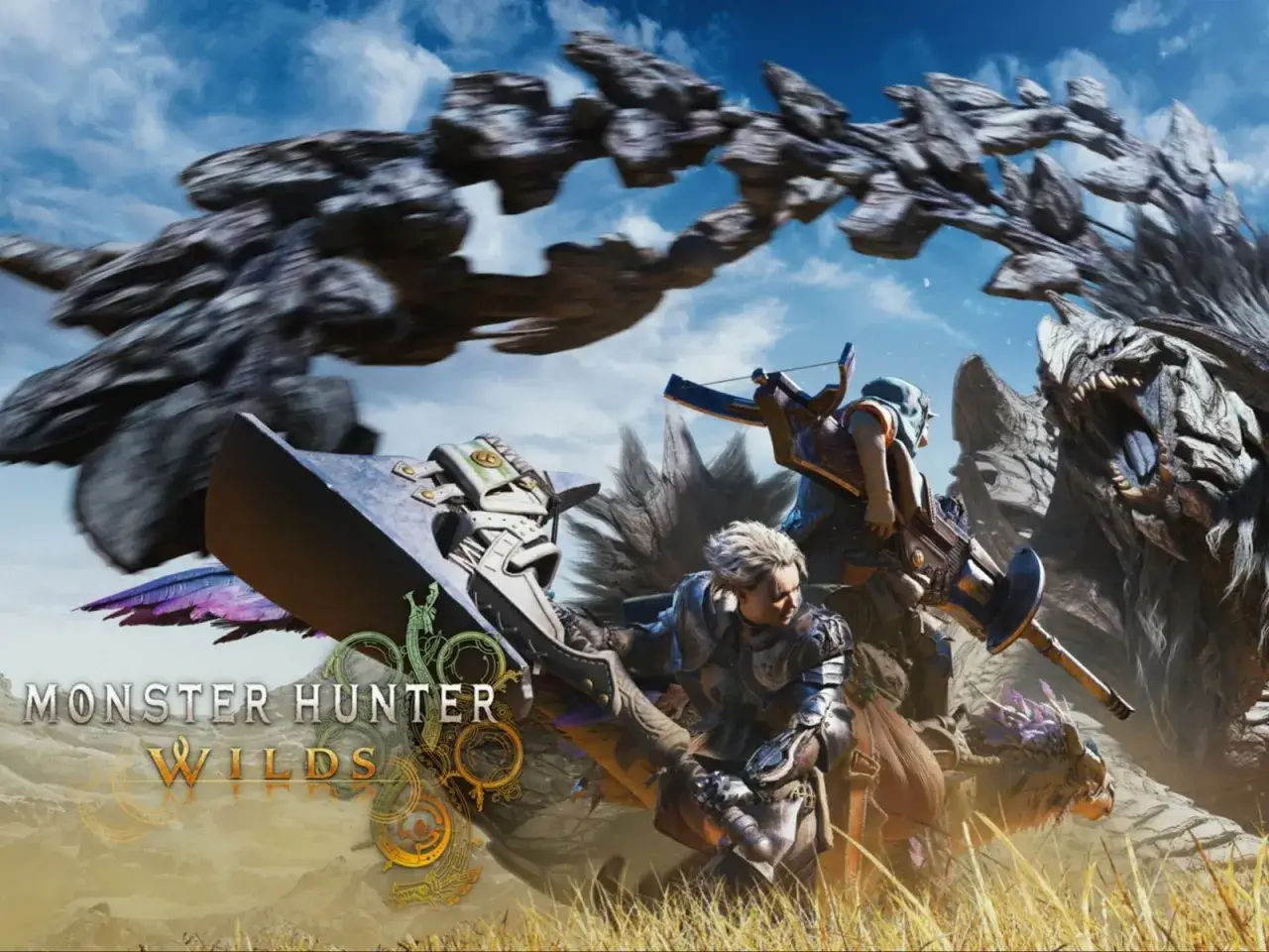 Cazadores en acción contra un monstruo colosal en Monster Hunter Wilds. Un guerrero con armadura empuña un hacha gigante, mientras otro apunta con una ballesta.