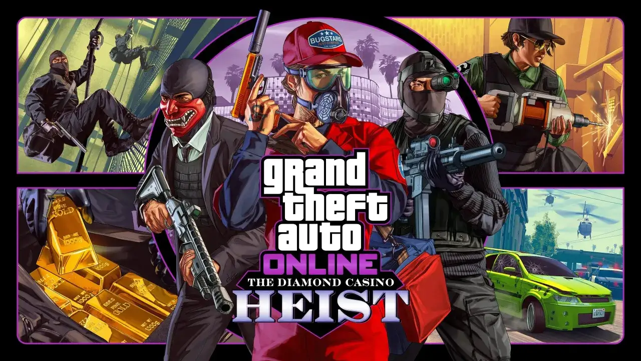 Personajes de GTA Online preparándose para un atraco, con lingotes de oro y armas. Descubre cómo conseguir dinero en GTA 5 con este golpe.