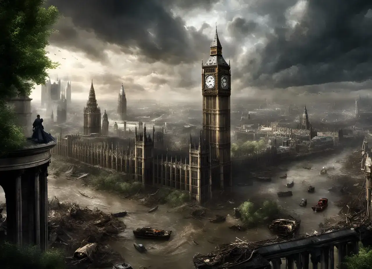 Un Londres post-apocalíptico, con el Big Ben y el Parlamento en ruinas, inundado y cubierto de escombros. Una figura solitaria observa el desolador paisaje de Fallout London.