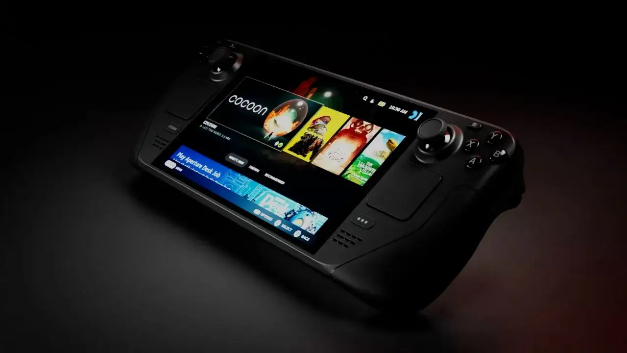 Consola Steam con pantalla mostrando juegos como