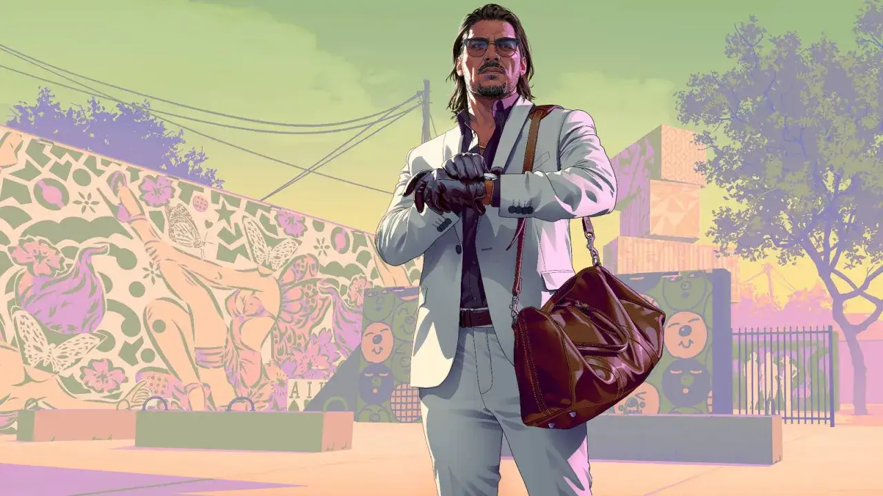 Un hombre con traje blanco mira su reloj, listo para la acción en GTA 6. Un mural vibrante y contenedores decorados completan la escena.