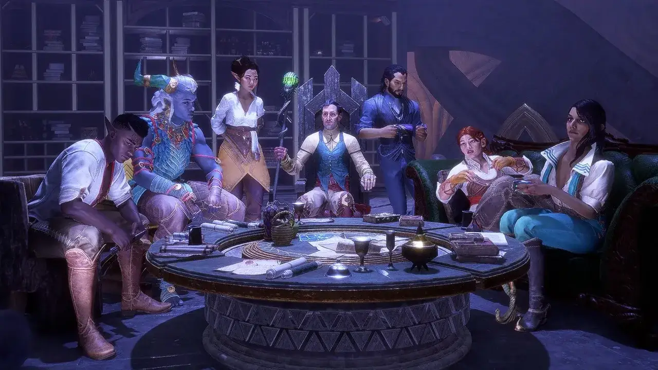 Un grupo diverso de personajes se reúne alrededor de una mesa, planeando su próxima aventura en Dragon Age: Dreadwolf.